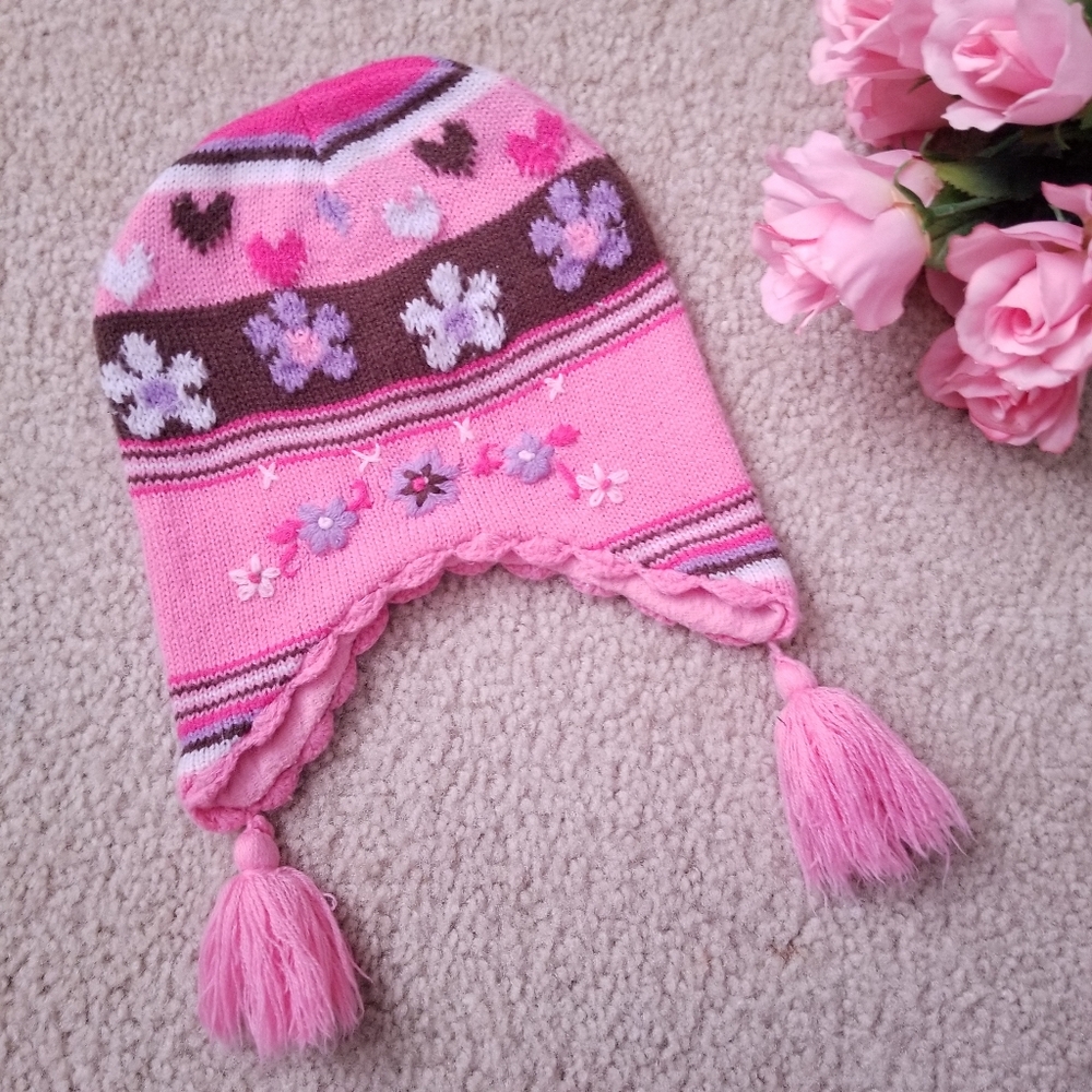 Carter's Girls Pink Striped Heart Floral Chullo Winter Hat